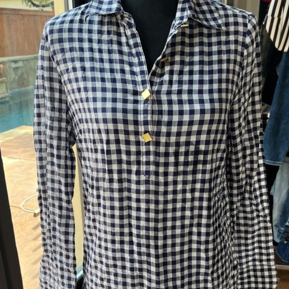 Tory Burch Gingham Shirt Dress Tunic Navy White Check Roll Tab Sz 4‎